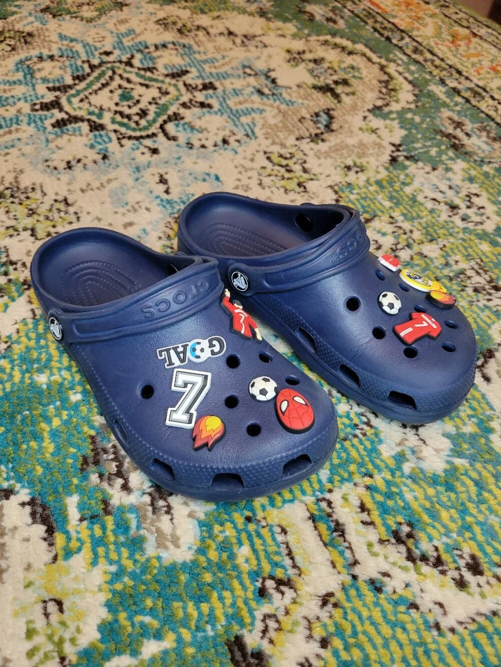 Crocs Navy Blue With Multiple Jibbitz Charms, Size Youth 3